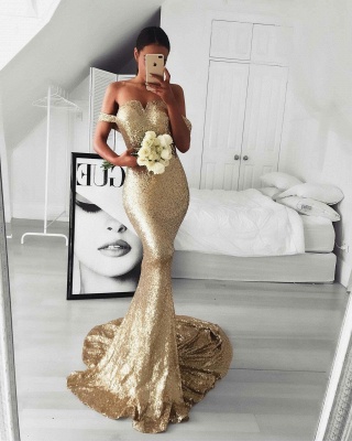 Off-the Shoulder Mermaid Gold Sequins Prom Dress Online_1