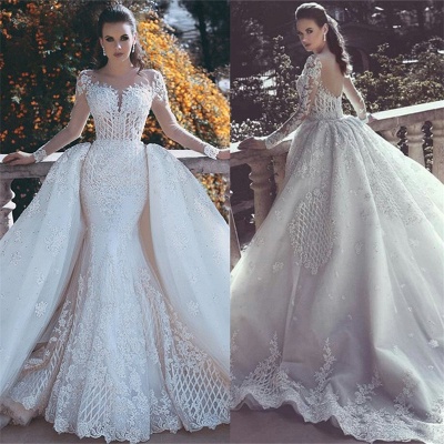 Long Sleeve Lace Appliques Mermaid Wedding Dress  Overskirt Long Train Bride Dress WE0199_4