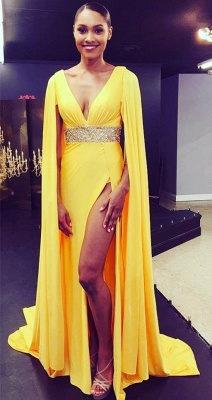 Deep V-neck Open Back Sexy Evening Dresses  Yellow Sexy Slit Formal Dress with Cape BA7897_1