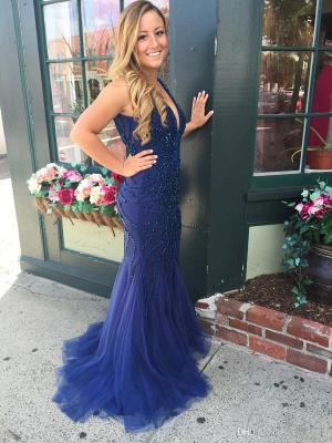 Navy Blue Tulle Prom Dresses  Sheath Open Back Evening Gowns_3