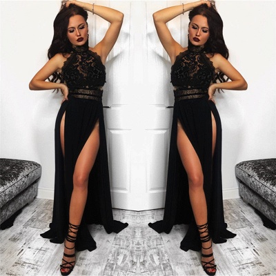 Halter Black Lace Sexy Evening Dresses  | Sleeveless Open Back Prom Dress  with Slits_3