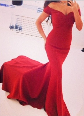 Red Prom Dresses Off Shoulder V Neck Elegant Sweep Train Zipper Satin Evening Gowns_3