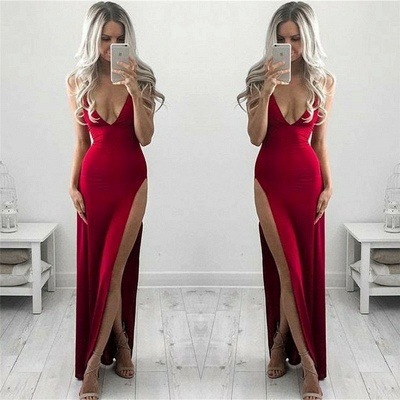 Deep V-neck Sleeveless  Formal Dresses |  Side Slit Sexy Evening Gown Online_3