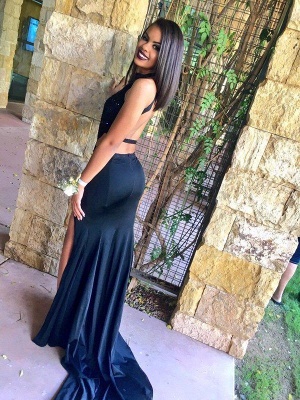 Sexy Open Back Black Halter  Prom Dresses with Side Slit Sleeveless Evening Gown_3