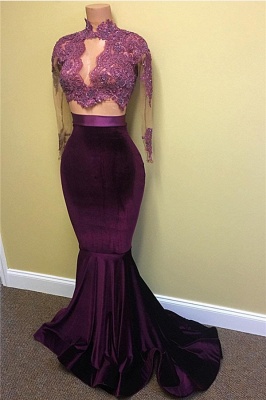 Sexy Velvet Evening Gown  High Neck Lace Long Sleeve Prom Dress with Keyhole BA4641_1