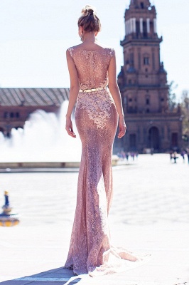 Sleeveless Pink Lace Appliques Sheath Prom Dress with Gold Belt  Formal Evening Gown  FB0233_5