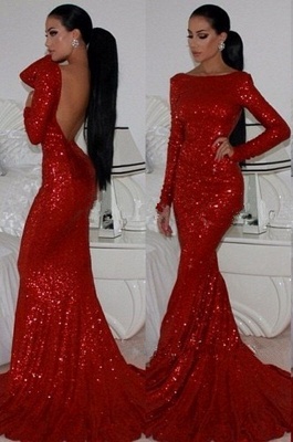 Red Evening Dresses Bateau Sequined Prom Dress  Long Sleeve Elegant Mermaid Evening Gowns_3