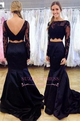 Two-Piece Mermaid Bateau Long-Sleeve Open-Back Lace Black Prom Dress_1