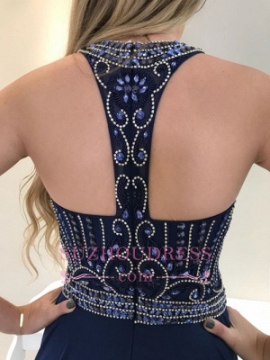 Dark Navy Chiffon Long Prom Dress  | Sleeveless Crystal Evening Gowns_3