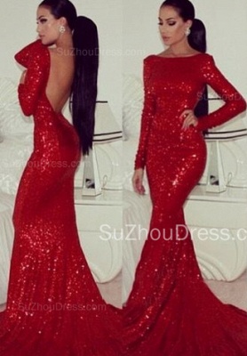 Red Evening Dresses Bateau Sequined Prom Dress  Long Sleeve Elegant Mermaid Evening Gowns_2