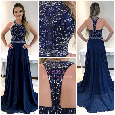 Dark Navy Chiffon Long Prom Dress  | Sleeveless Crystal Evening Gowns_4