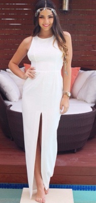 White Prom Dresses  Jewel Sleeveless Side Slit Sexy Floor Length Satin Sash Backless Elegant  Evening Gowns_1
