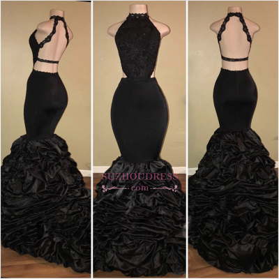 Black Sexy High-Neck Mermaid Prom Dresses  Halter Evening Dresses BA7775_1