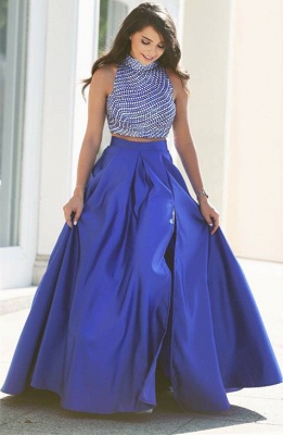 High Neck Beads Two Piece Prom Dress Sexy  Royal Blue Side Slit Popular Evening Gown_3