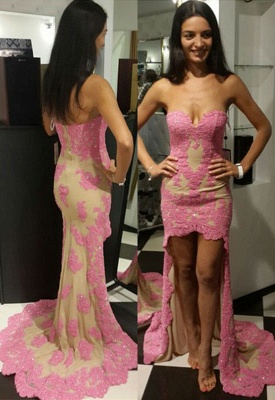 Sweetheart Sheath High Front Low Back Evening Dresses  Sexy pink Lace Formal Dress_1
