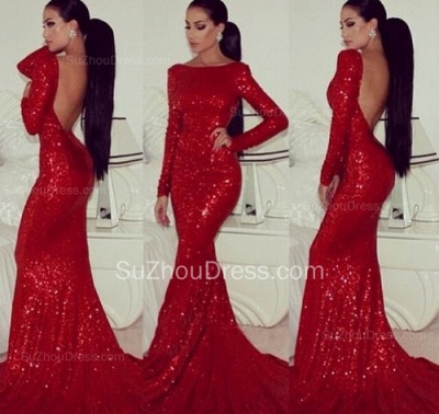 Red Evening Dresses Bateau Sequined Prom Dress  Long Sleeve Elegant Mermaid Evening Gowns_1