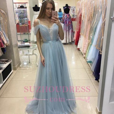 A-line Sweep Train Baby Blue Formal Dress  Cap Sleeves Beautiful Straps Tulle Prom Dress_3