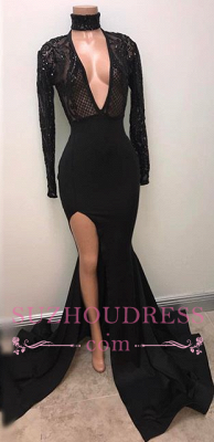 Mermaid Long Sleeve V-Neck Sexy Evening Gown  Split Sexy Black Prom Dress BA5482_1