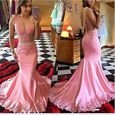 Crystal Mermaid Appliques Evening Gowns Sleeveless Sexy Pink Prom Dress_1