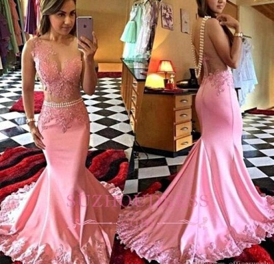 Crystal Mermaid Appliques Evening Gowns Sleeveless Sexy Pink Prom Dress_3