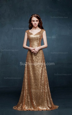 Elegant Gold Sequined Long Prom Dresses Sheer Back Applique Popular Floor Length Custom Made Dresses for Women_3
