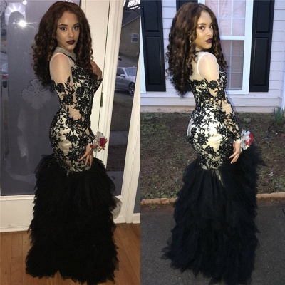 Long Sleeve Beads Black Lace Prom Dress  | Sheath Ruffles Tulle Sexy Evening Gown_3