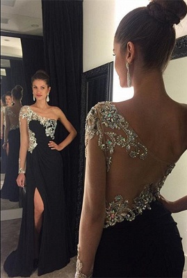 Elegant One Shoulder Long Sleeve Prom Dress Sheath Custom Made Crystal Party Dresses BA2864_1