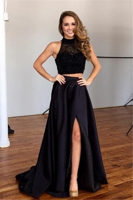 New Arrival Black Two Pieces Prom Dress with Beadings Elegant Sweep Train Evening Gown JT102_3