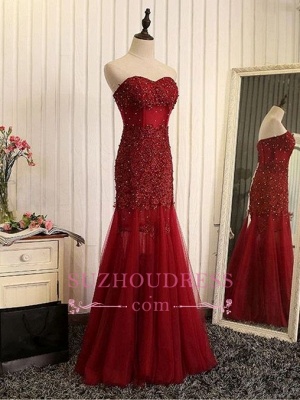 Lace-Applique Tulle Beaded Mermaid Sweetheart Sleeveless Prom Dresses_2