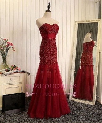 Lace-Applique Tulle Beaded Mermaid Sweetheart Sleeveless Prom Dresses_1