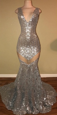 Shiny Silver Sequins Sexy Prom Dresses | Sleeveless   Evening Dress