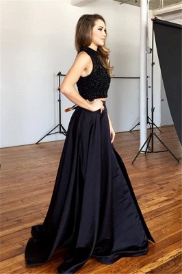 New Arrival Black Two Pieces Prom Dress with Beadings Elegant Sweep Train Evening Gown JT102_4