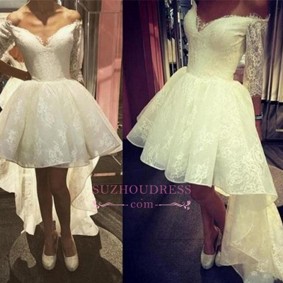 A-Line Lace Sleeves Off-the-Shoulder Elegant Hi-lo Prom Dress_1