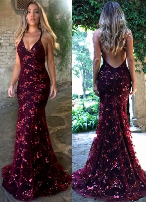 Sexy Open Back Burgundy Evening Dresses |  Sequins Appliques V-neck  Formal Dress AN0011_1