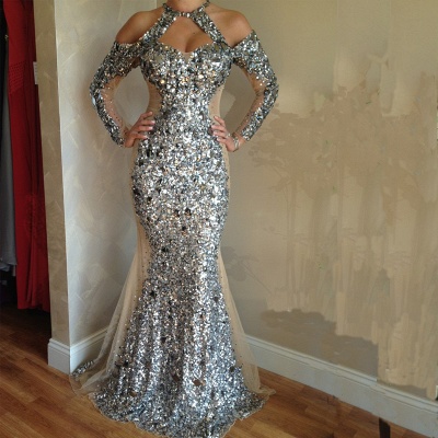 Long Sleeve Halter Silver Sequins Evening Gowns Sleeved Crystals  Formal Dresses_3