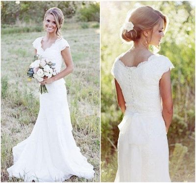 Latest Simple V-Neck White Lace Wedding Gowns Chiffon Short Sleeve Plus Size Bridal Dress_3