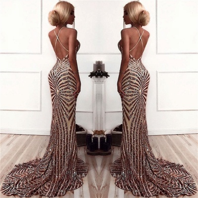 Sexy Champagne Stripes Formal Evening Dress | V-neck Open Back Ball Dress with Long Train BA8496_3