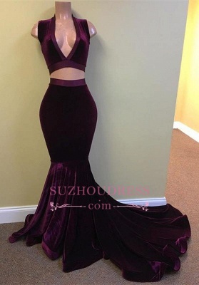 Mermaid Grape Stunning Two-Pieces V-Neck Velvet Prom Dress BA5226_2