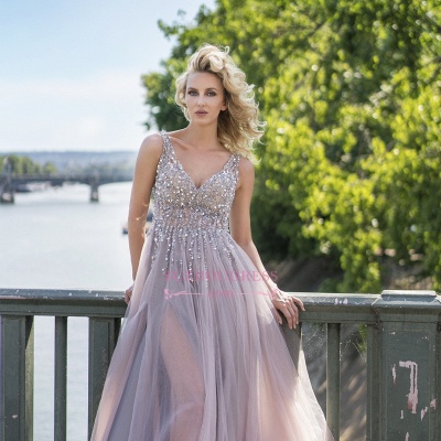 A-line V-Neck Prom Dresses  | Tulle Crystal Sleeveless Evening Gowns_3