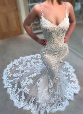Stunning Lace Appliques Mermaid Wedding Dresses Spaghettis-Straps Lace Bridal Gowns Online_1