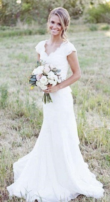 Latest Simple V-Neck White Lace Wedding Gowns Chiffon Short Sleeve Plus Size Bridal Dress_1