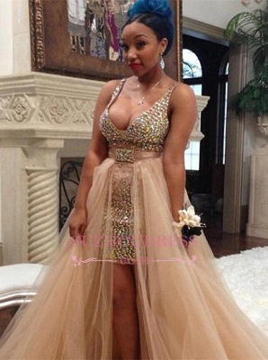 Sexy Straps Crystals Hi-Lo Evening Gowns  Sleeveless Tulle V-neck Prom Dress_3