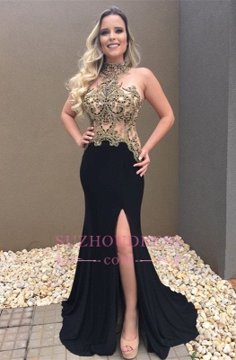Sexy Black High Neck Prom Dress |  Mermaid Appliques Evening Dresses_3