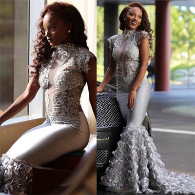Silver Beads Sequins Lace Prom Dress Sexy |  Flowers See Through  Graduation Dresses FB0352_3