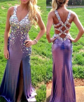 Backless Prom Dress  Purple Crystals V-neck Long Evening Dress_4