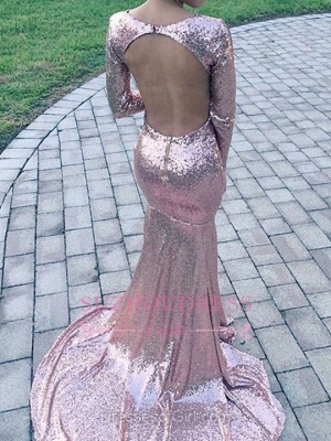V-Neck Glamorous  Prom Gowns Long Sleeve Sequins Mermaid Evening Dress_1