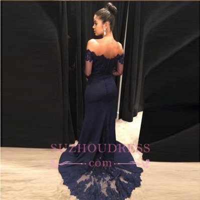 Navy Blue Mermaid Off Shoulder Prom Dresses | Long Sleeve Chiffon Evening Dresses_3