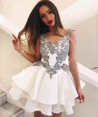 Silver Lace Appliques Sexy Short Dresses | Tiered White   Homecoming Dresses_3