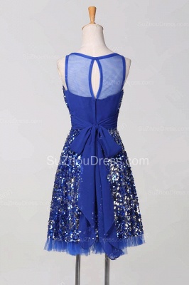 Elegant Blue and Silver Sequins Knee Length Homecoming Dress A-Line New Arrival Tulle Bowknot Dresses_2