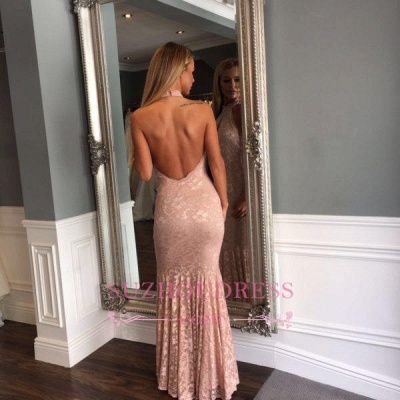 Mermaid  Sleeveless Newest Floor-length Lace High-Neck Backless Prom Dress_4